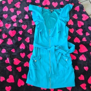 Bebe Turquoise Ruffle Zip-Front Dress with Tie Waist — Size Medium‎ wd13